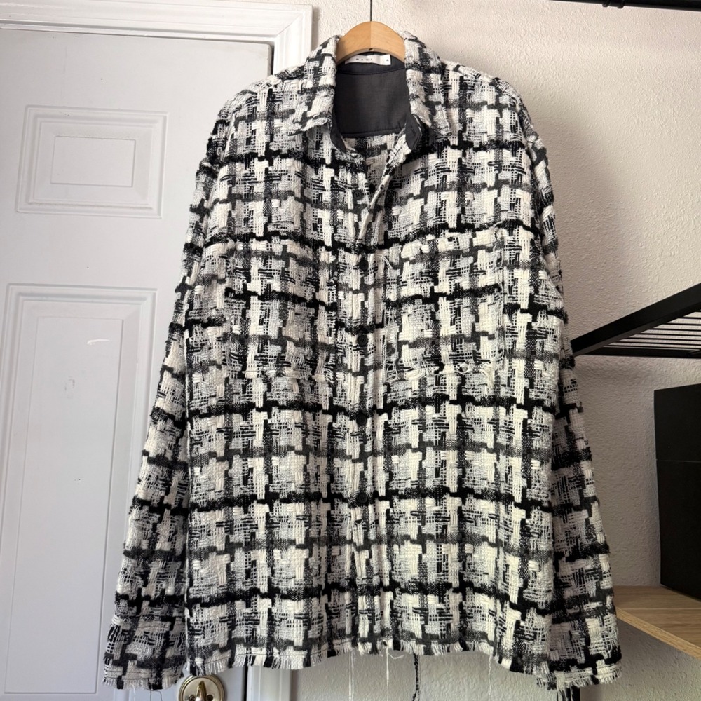 MNML black white houndstooth plaid check tweed button up shacket shirt jacket
